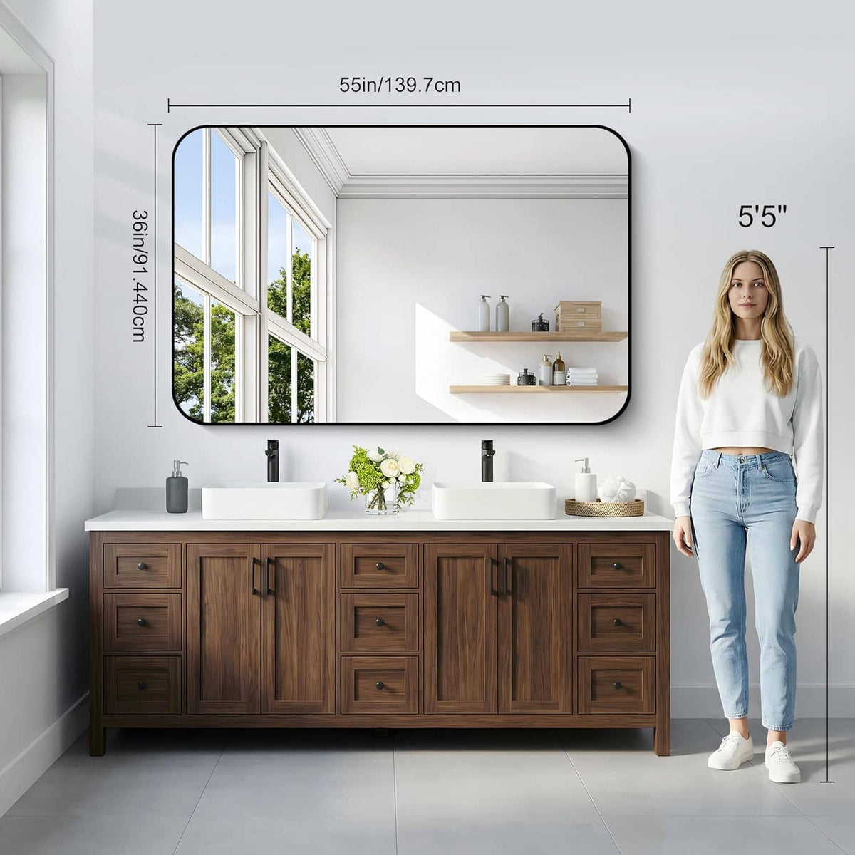 55in matte black bathroom mirror on wall above dark wood vanity