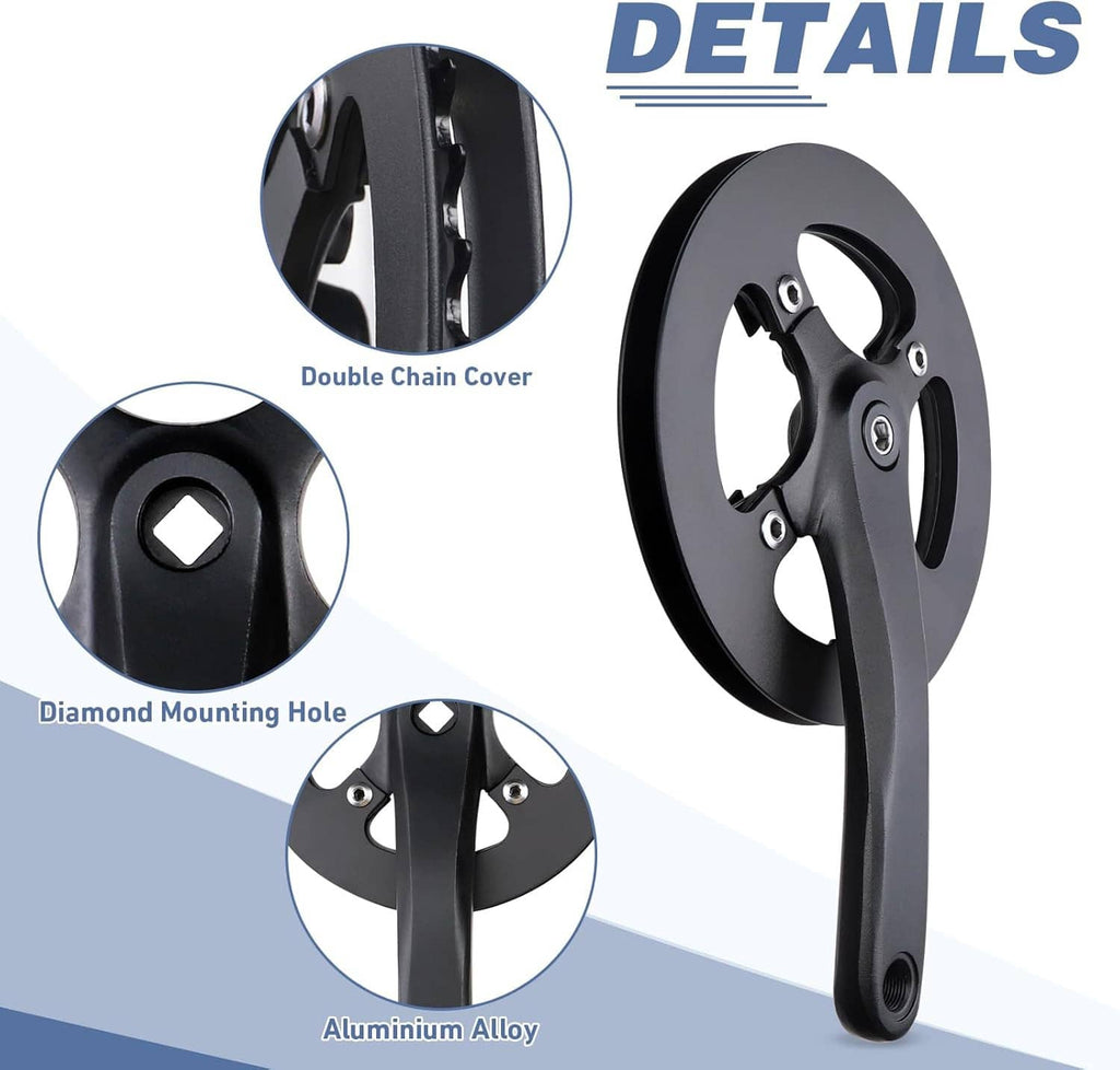 E-bike crankset details: double chain cover, diamond mounting hole, aluminum alloy, black