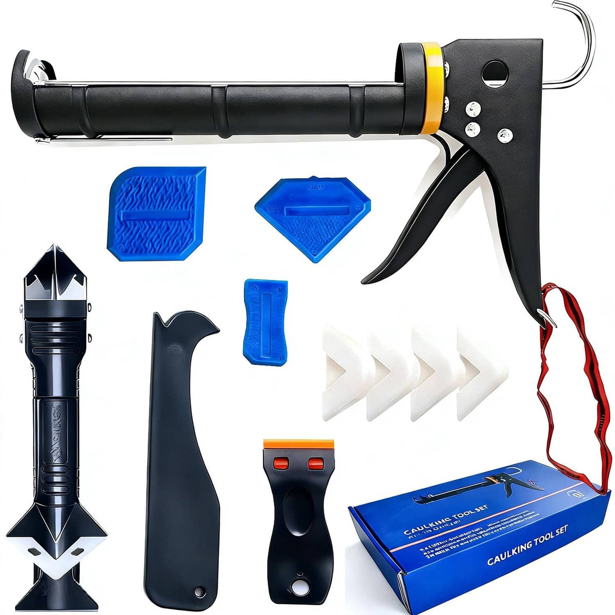 Caulk gun kit with black caulking gun, orange cartridge tip, and blue smoothing tools