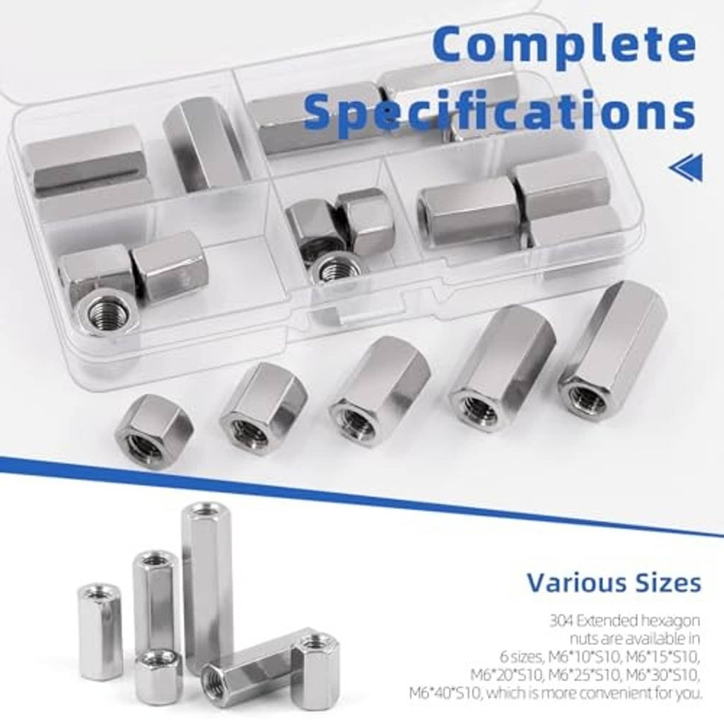 Complete set of 304 stainless steel extended hex nuts in a divided plastic tray
