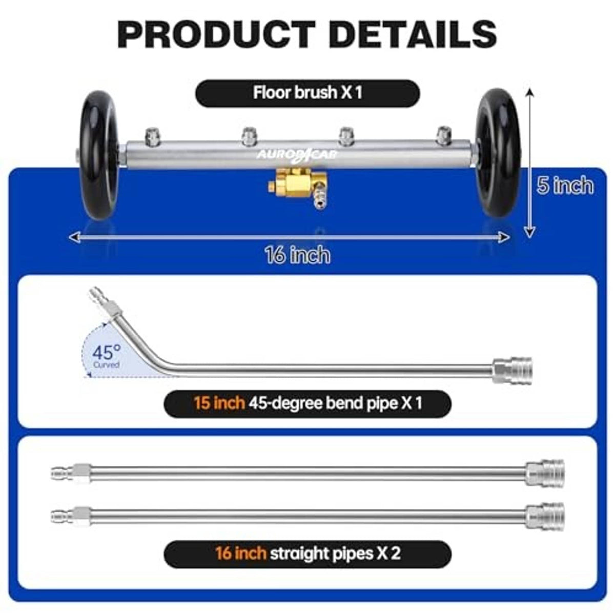 Undercarriage pressure washer attachment kit with curved 45° wand and straight pipes