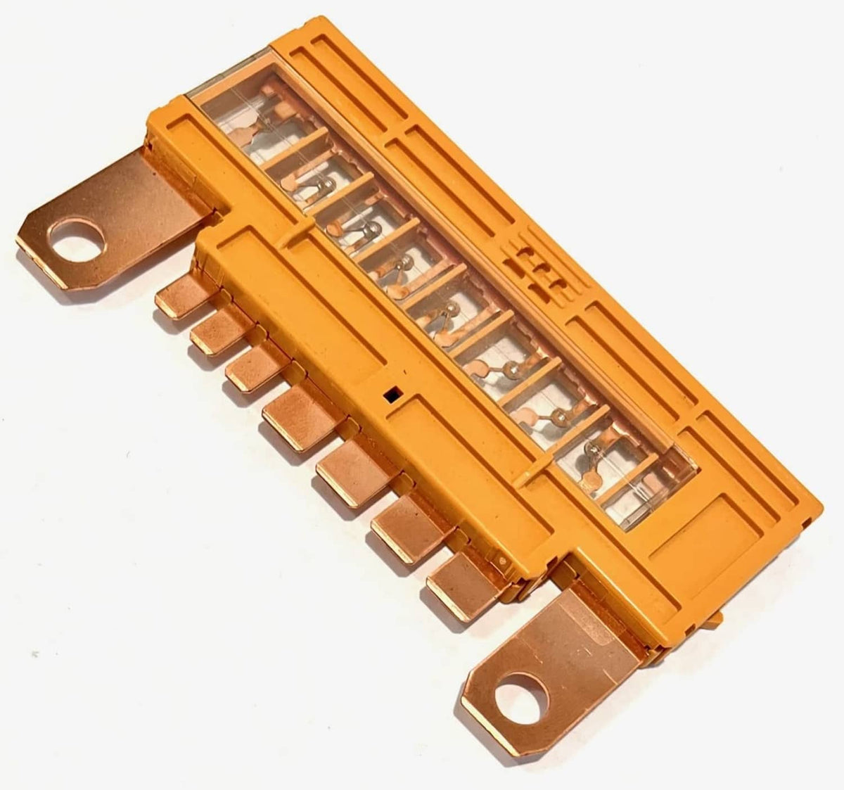 Automotive fuse link block with clear fuse windows, orange housing, and metal mounting tabs