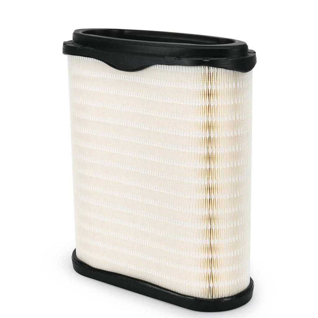 Engine air filter cartridge, close side view with white pleated media and black top