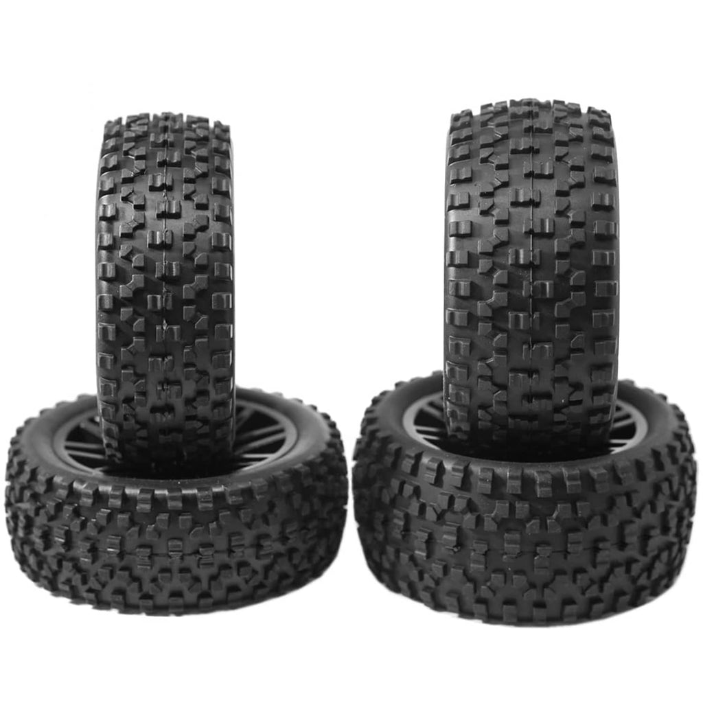 Pair of black RC wheels with raised tread rubber tires and spoke rims