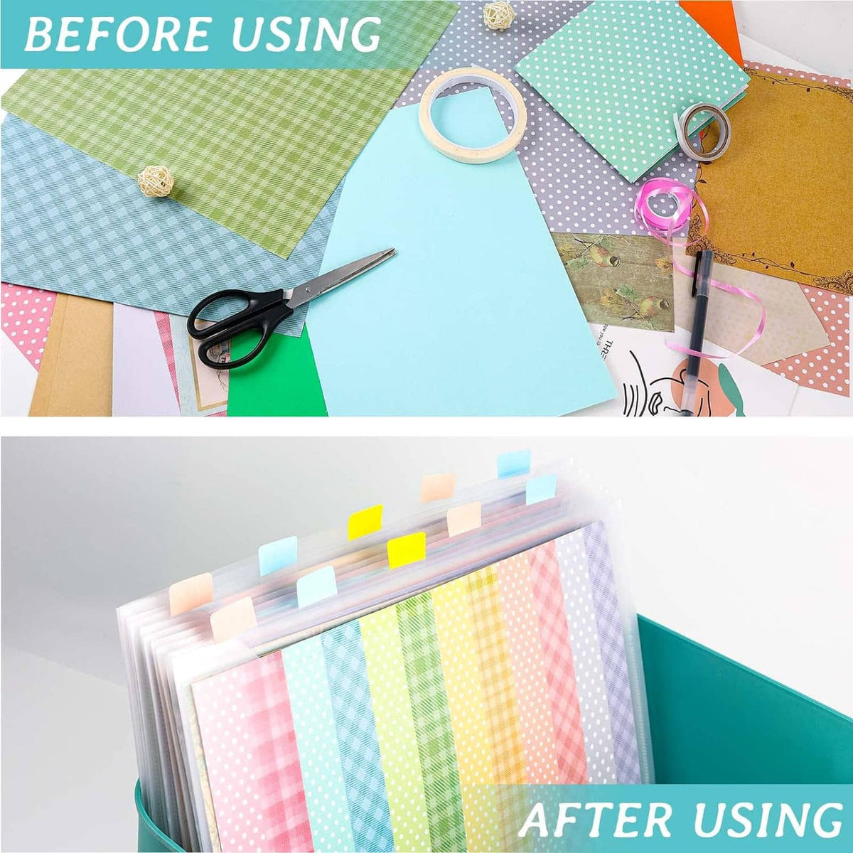 Colorful scrapbook papers with sticky note tabs and crafting tools