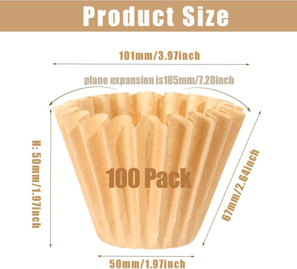Natural coffee filter basket with pleated folds, shown with size guide