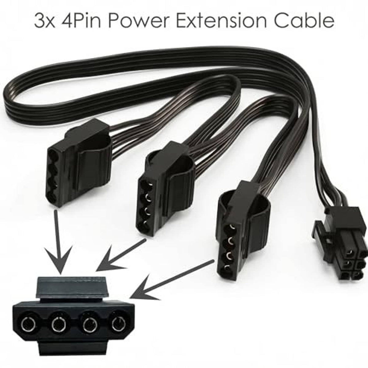 Black 6-pin to 3x 4-pin power extension cable with three separate 4-pin connectors