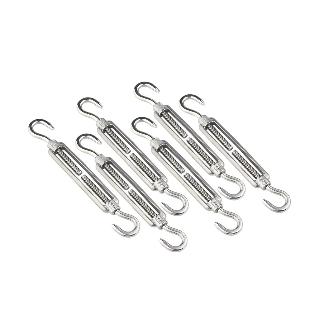 Six M4 stainless steel turnbuckle hooks with threaded body, chrome finish set