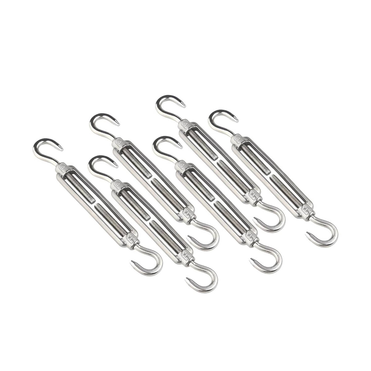 Six M4 stainless steel turnbuckle hooks with threaded body, chrome finish set