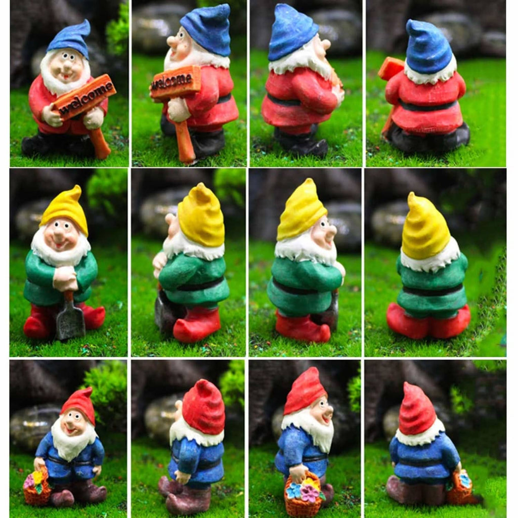 Mini gnome figurines with blue/red hats, holding welcome hearts, side angles
