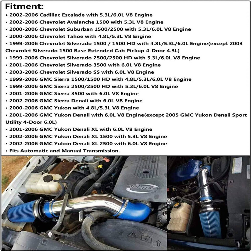 Installed 4-inch cold air intake kit with blue cone filter and aluminum intake piping