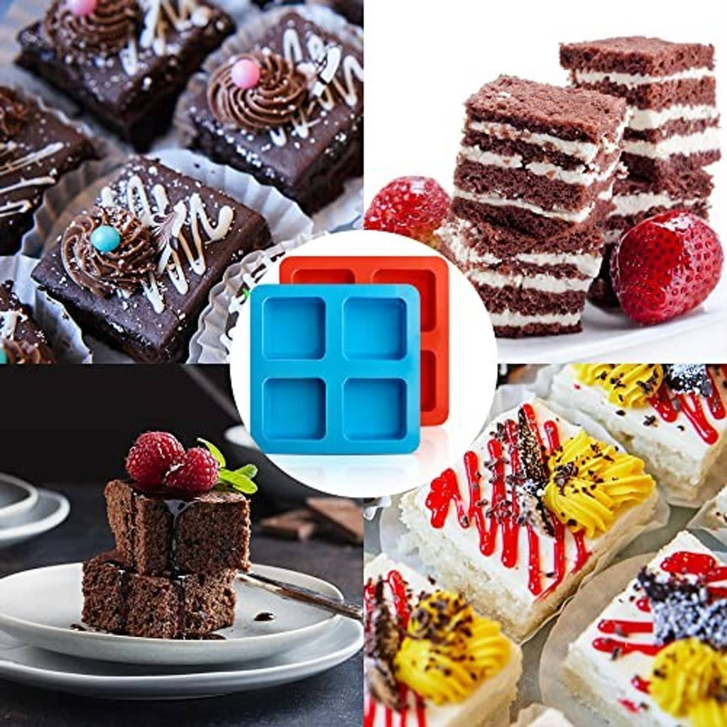 Four-cavity silicone brownie pan mold with baked square brownies and dessert toppings