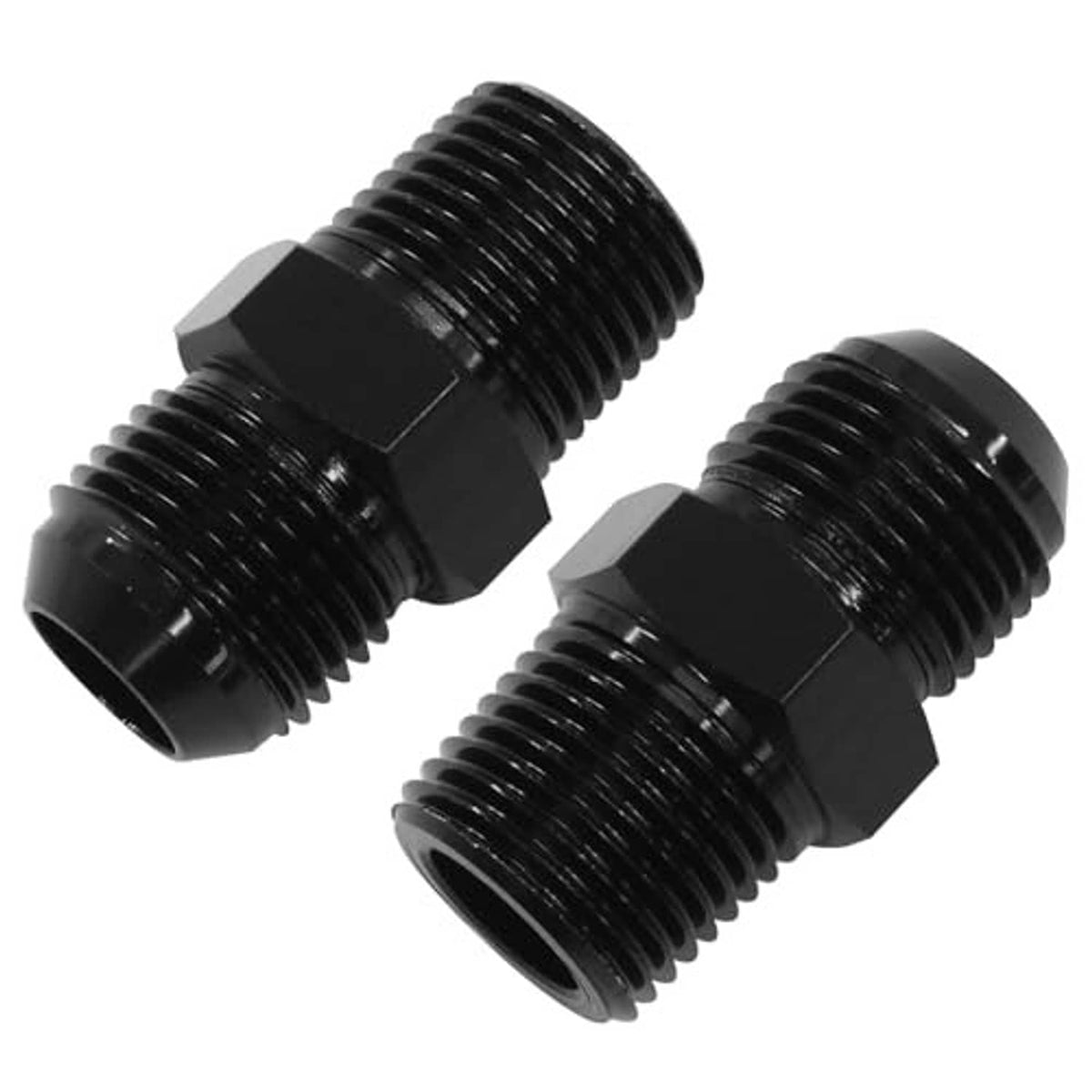 Black AN10 to 1/2NPT threaded adapter fitting, hex body and flare openings