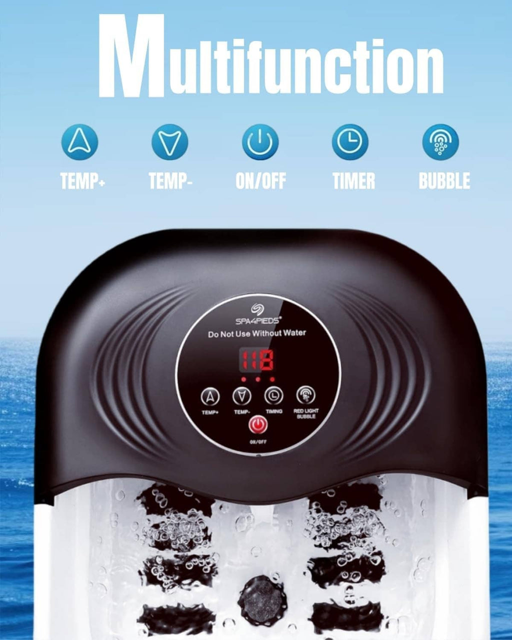 Heated foot spa with black lid and control panel over bubbling water