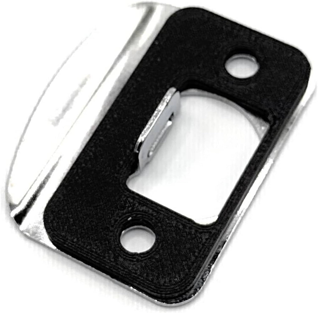 Black door strike shim spacer with rectangular cutout and two mounting holes