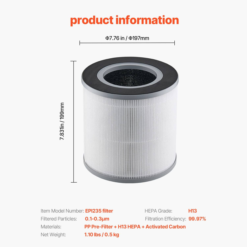 Sized view of H13 HEPA replacement filter cylinder with dark top and white pleated media
