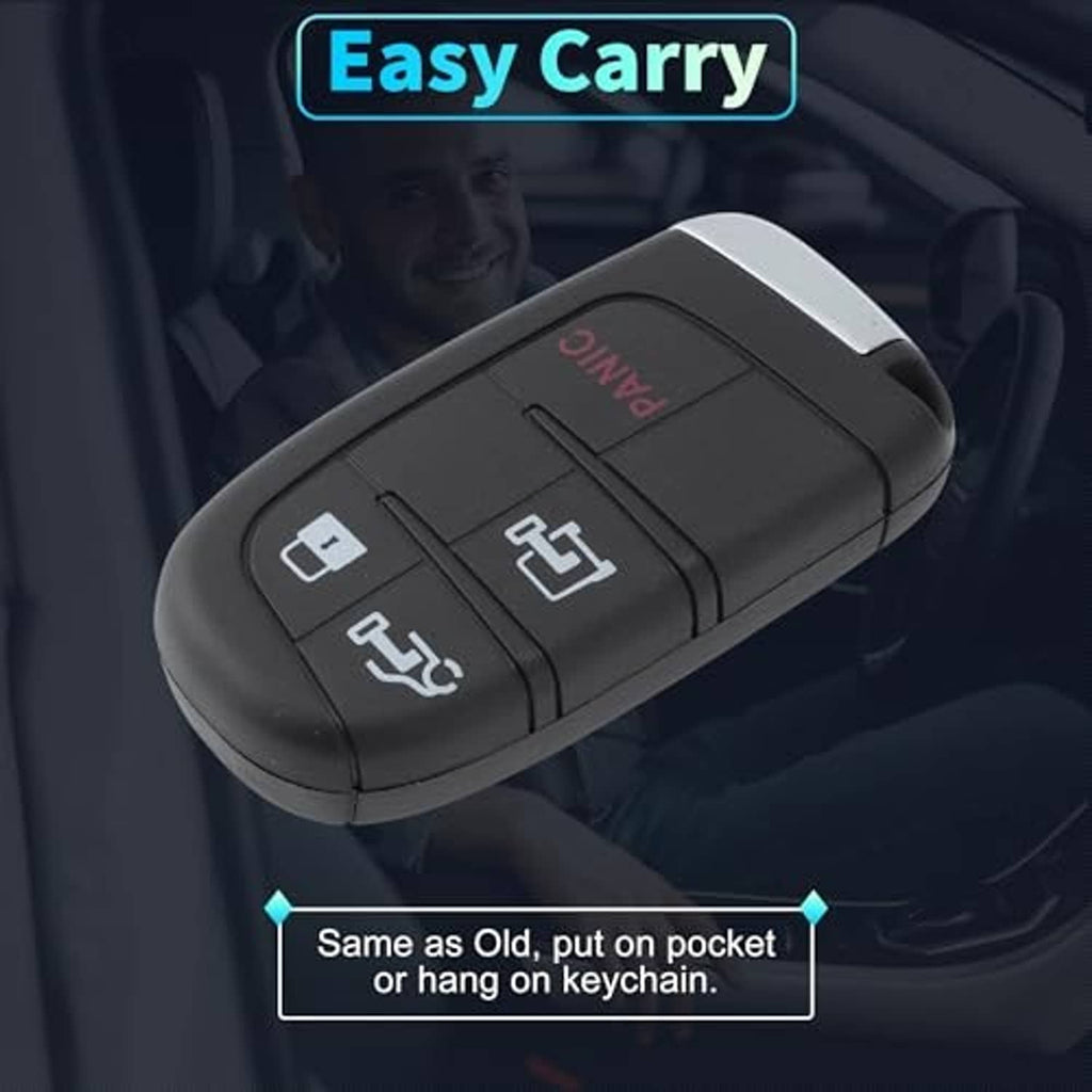Black keyless entry remote fob with four buttons and chrome key ring