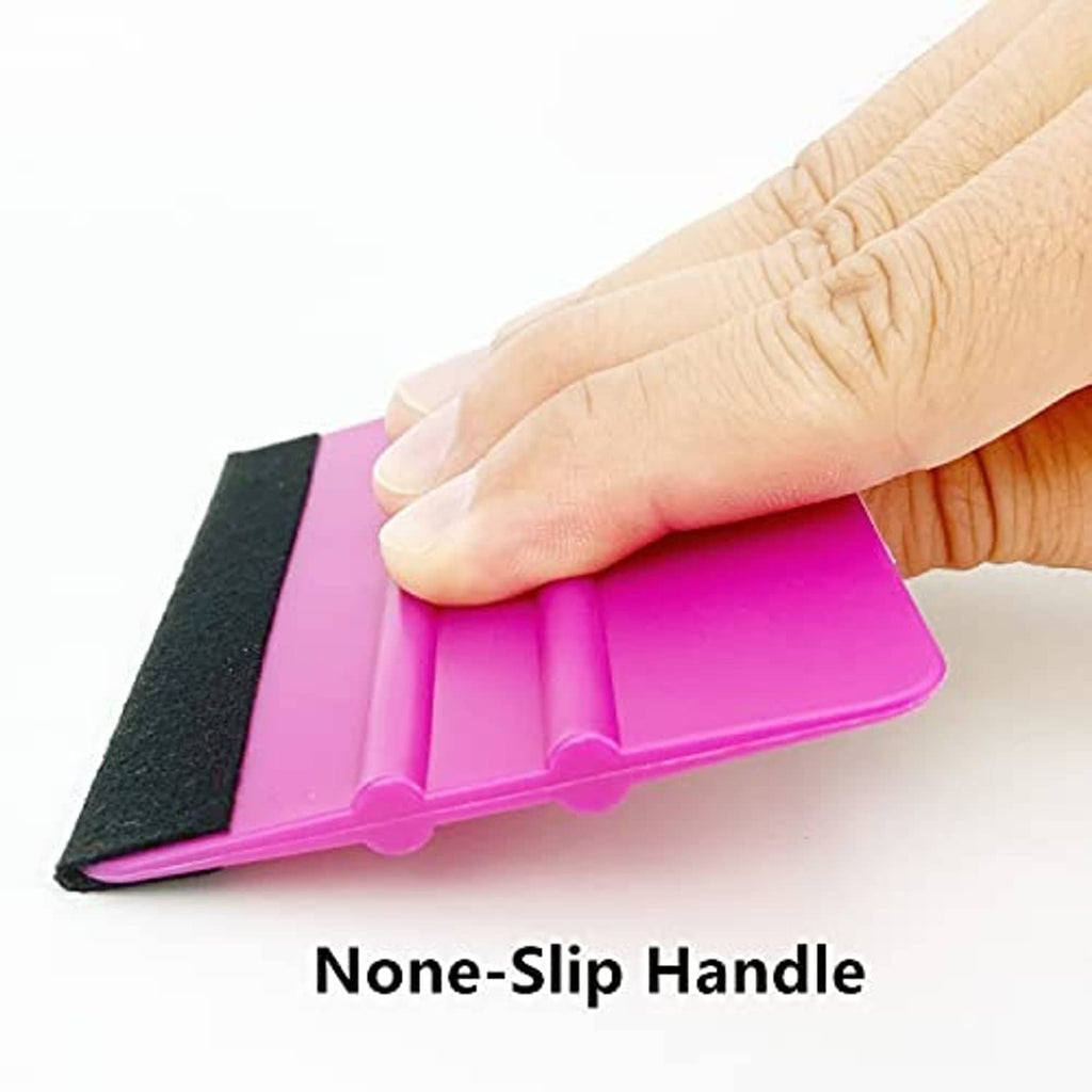 Hand using a purple vinyl squeegee tool with a none-slip handle and black felt edge