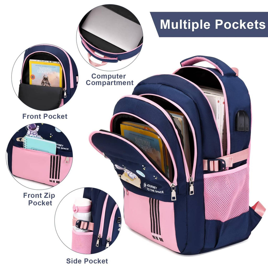 Navy and pink astronaut backpack with multiple pockets and front zip compartments