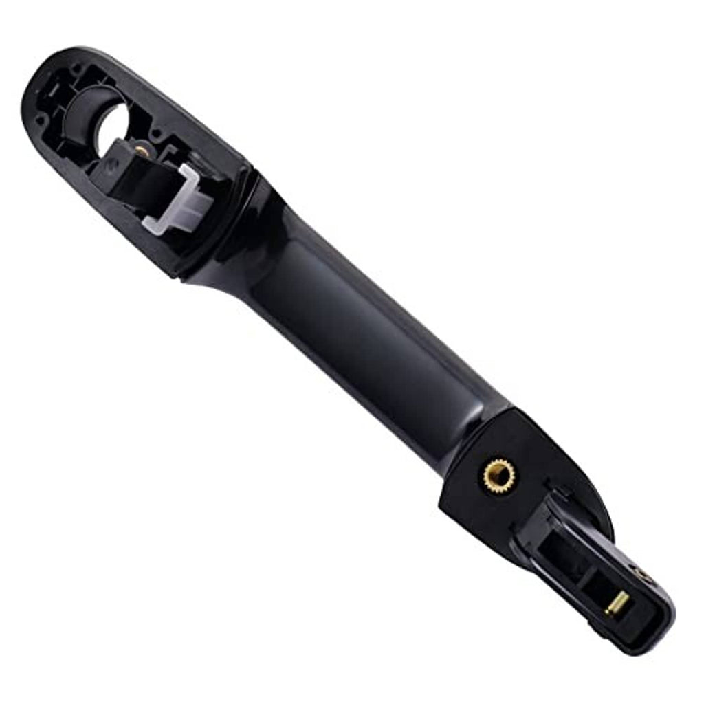 Back side of front left exterior door handle, dark gray/black with connector tabs