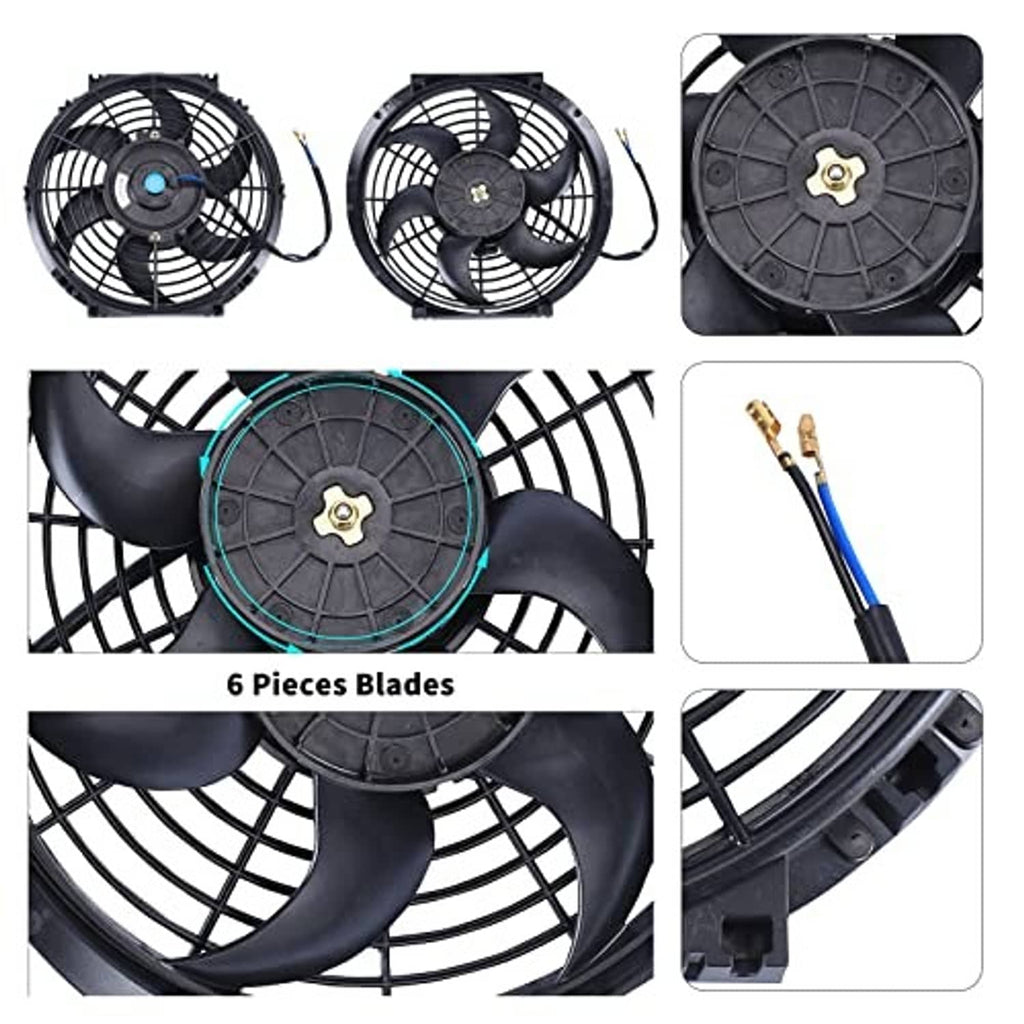 Black 10-inch radiator cooling fan with 6-blade propeller and motor hub close-up