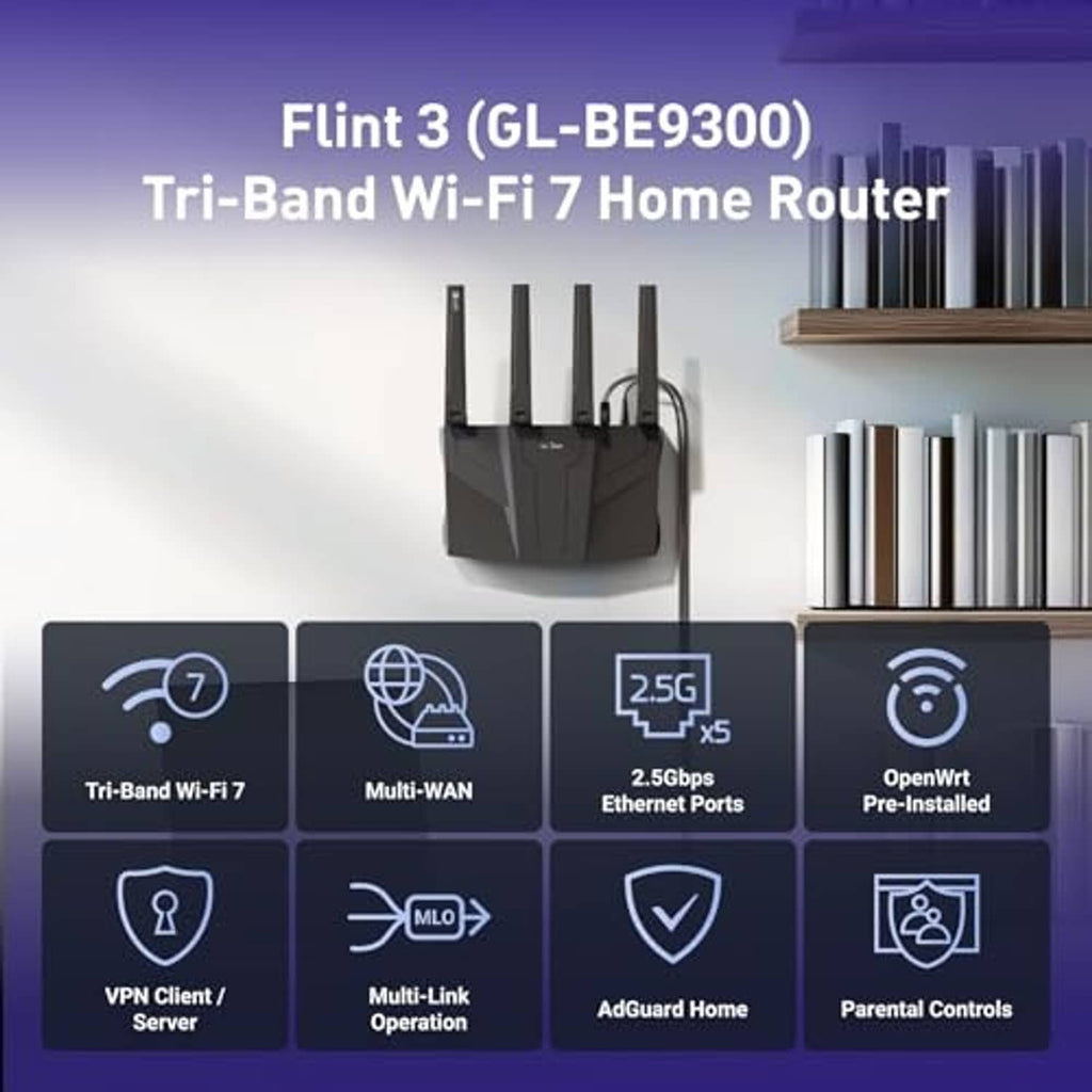 Tri-band WiFi 7 home router with feature icons panel and four antennas