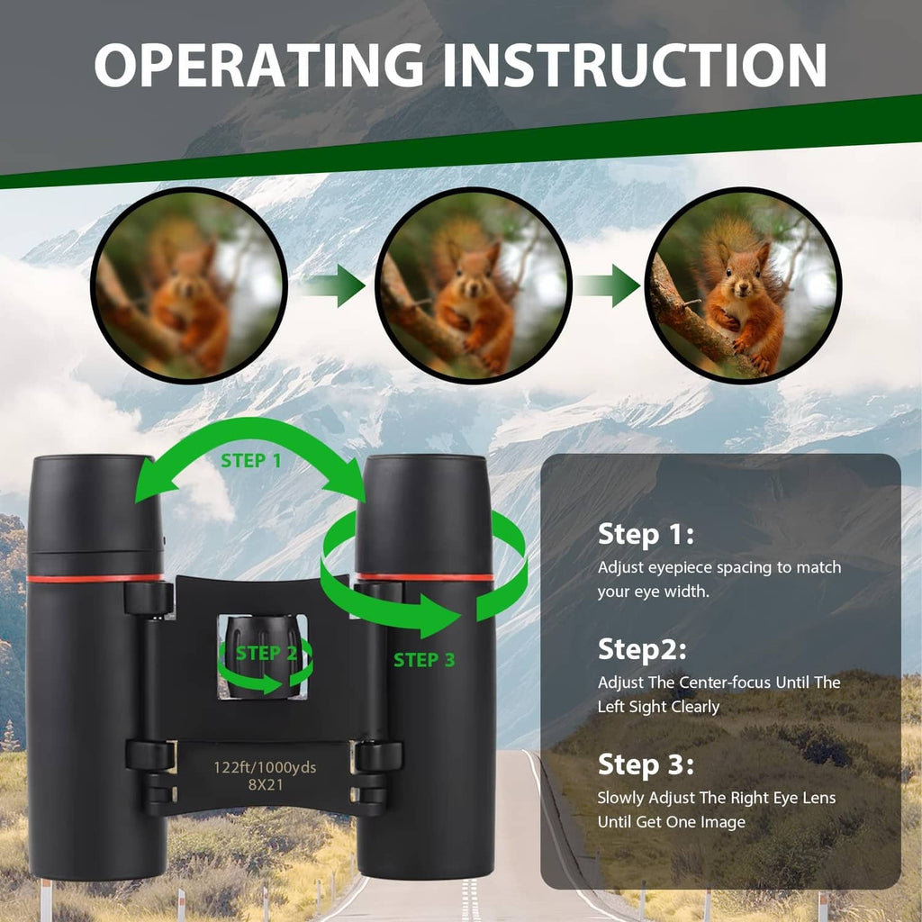 Compact black binoculars with eye cups and center focusing wheel