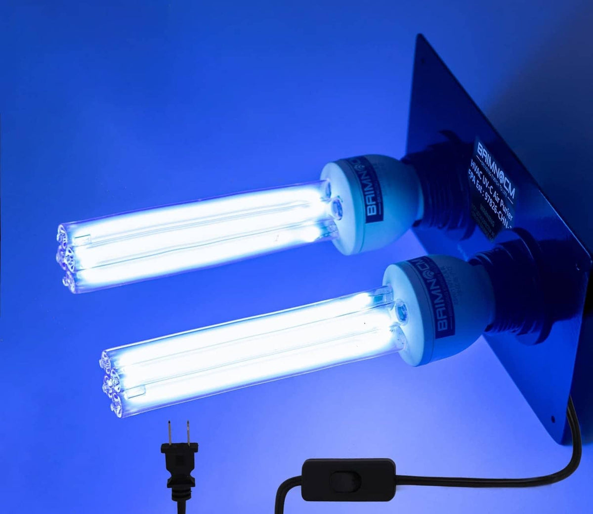 UV duct disinfection light featuring two glowing UV tubes in a metal mounting frame