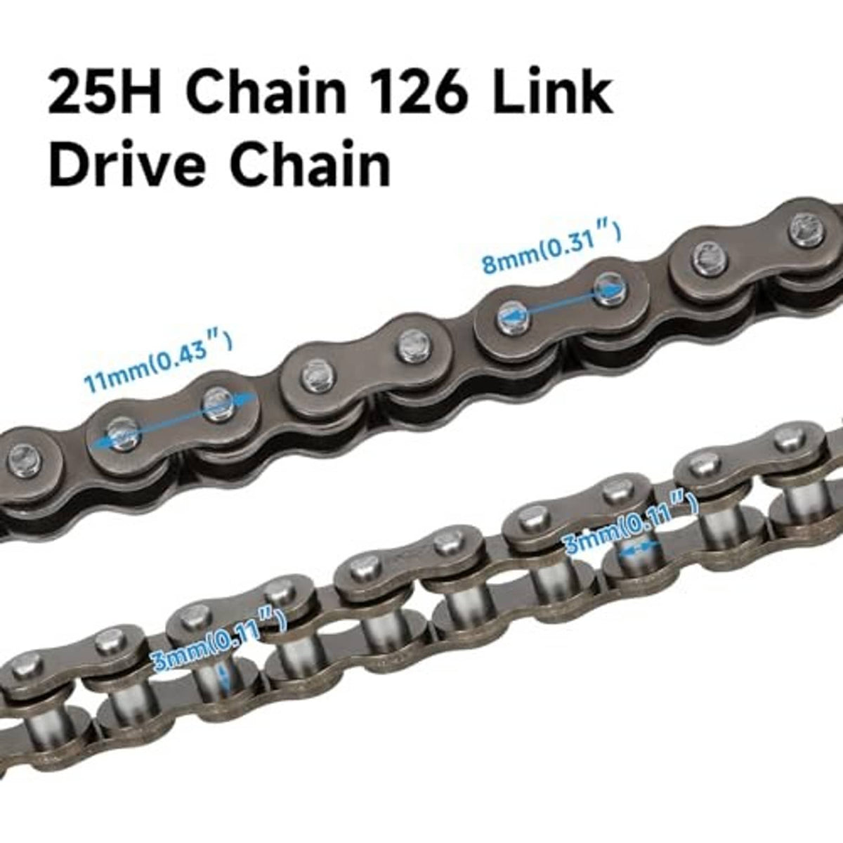 Close-up of gray 25H roller drive chain links with pitch measurement markings.