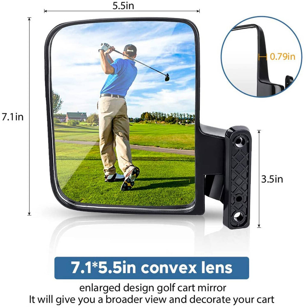 Golf cart side mirror with black frame and wide convex viewing glass on bracket