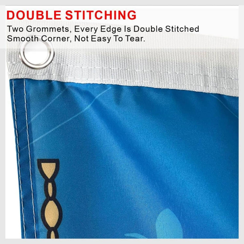 Double-stitched banner hem with grommet header on blue fabric