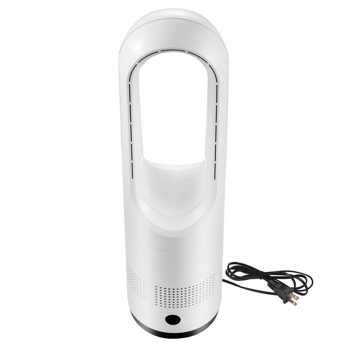 White bladeless tower fan with front air outlet and power cord, base controls