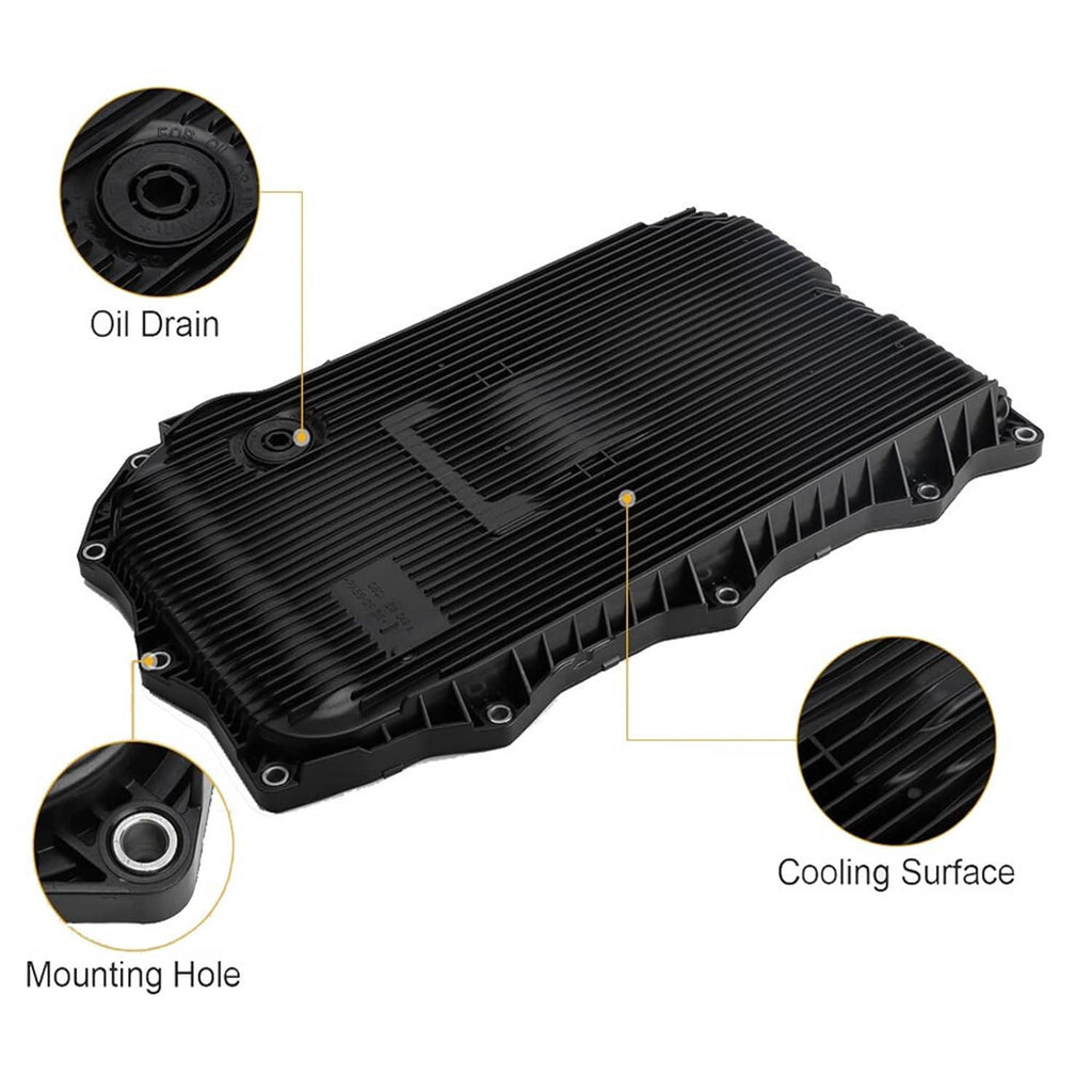 Black transmission oil pan with oil drain opening and cooling surface