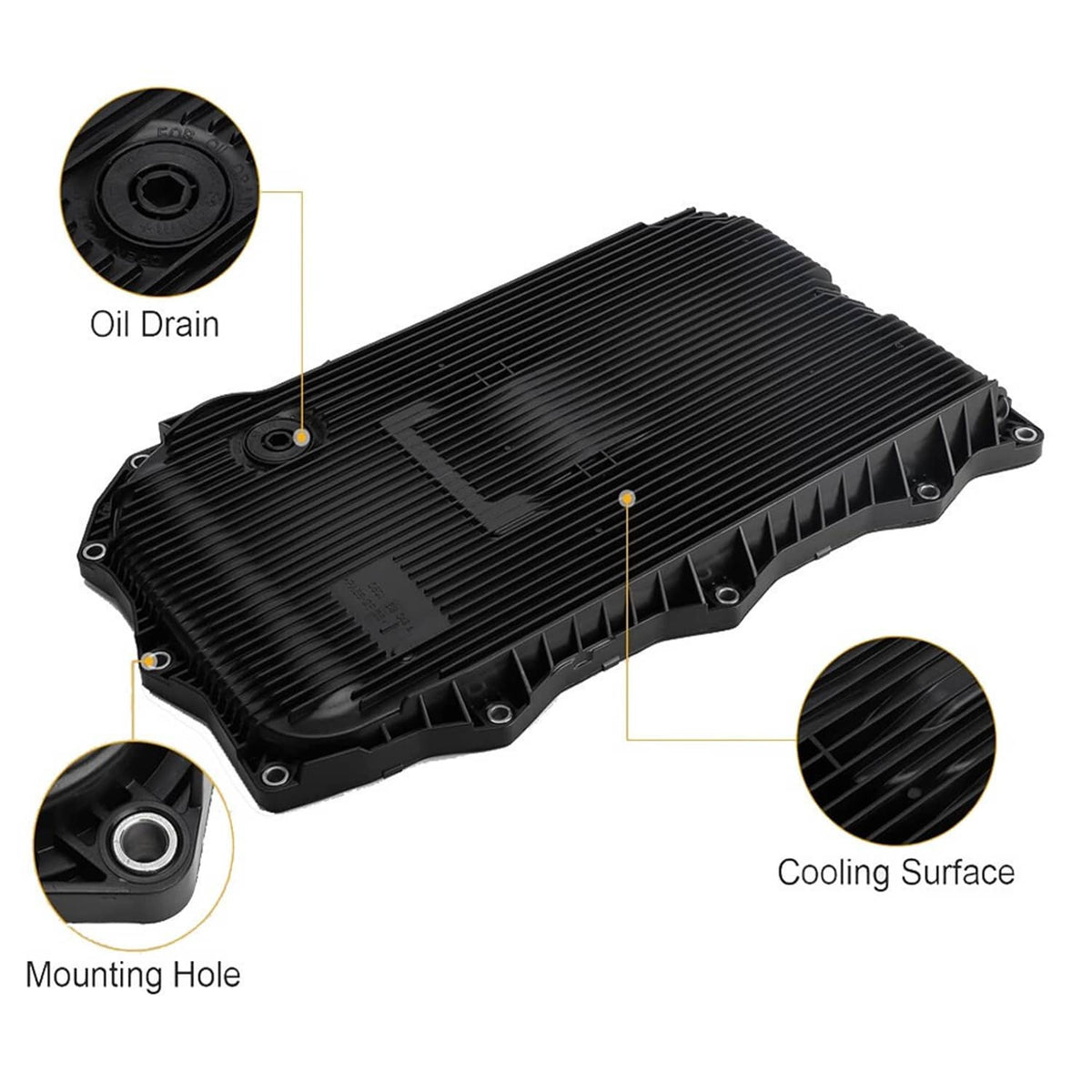 Black transmission oil pan with oil drain opening and cooling surface