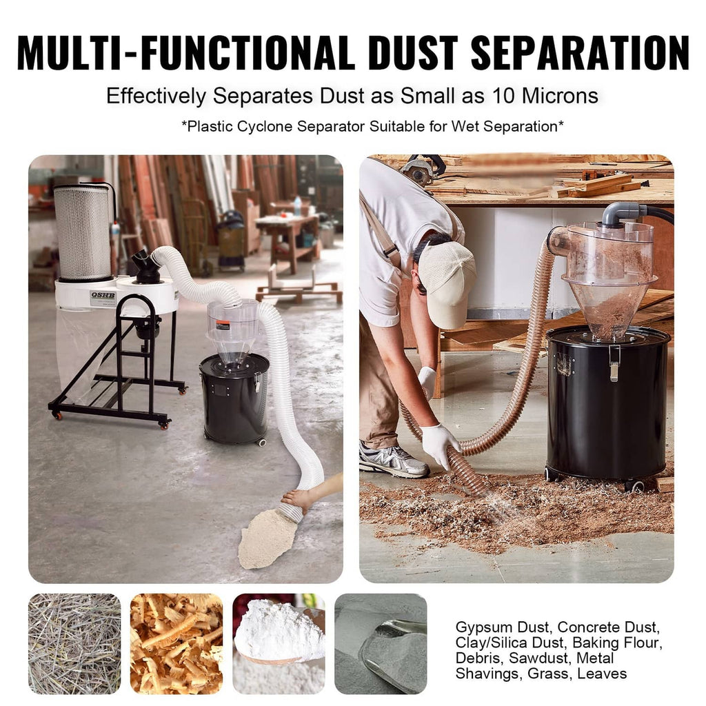 Clear cyclone dust separator connected to vacuum hoses for separating fine dust from debris
