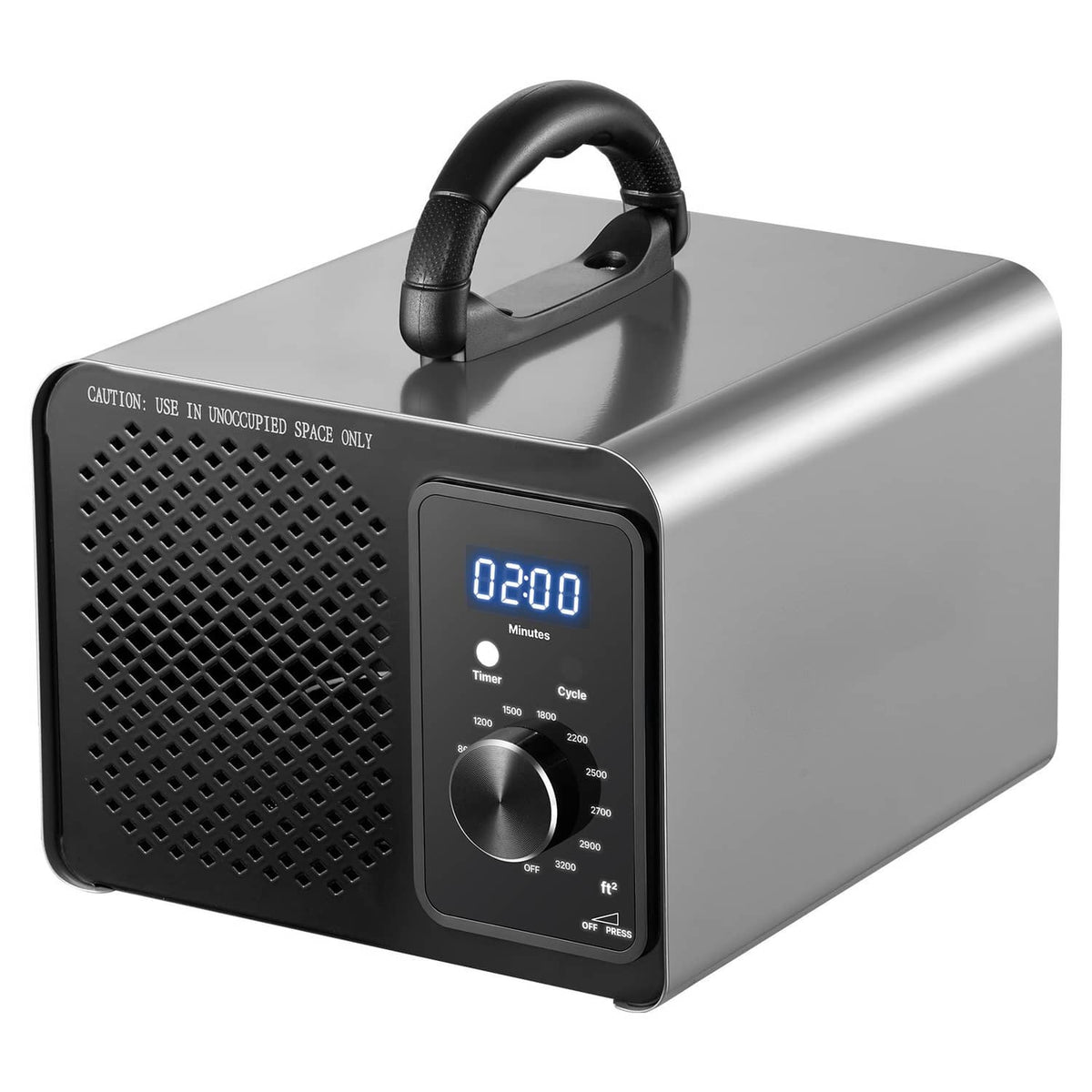 Commercial ozone generator machine with handle, gray body, black vent grille, blue 02:00 display