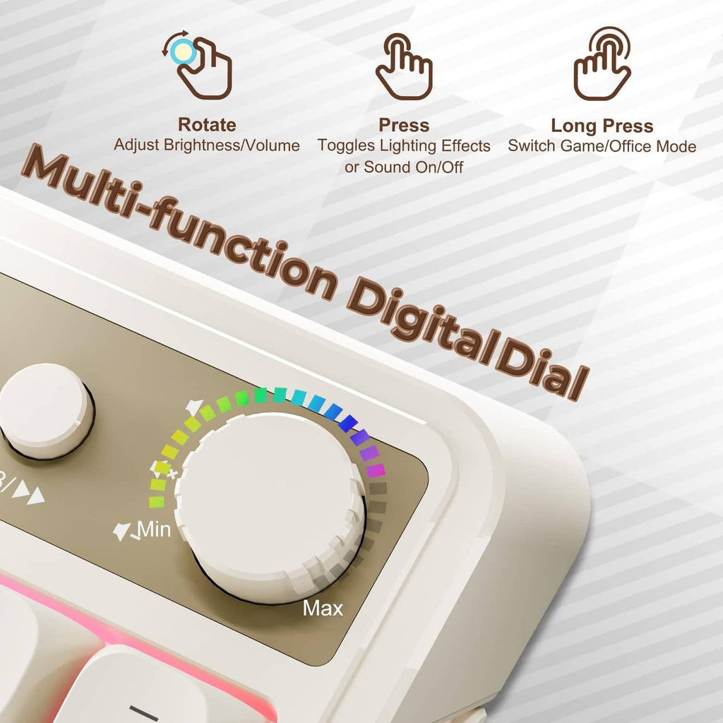 Keyboard multi-function dial area with lighting effect and sound control buttons.