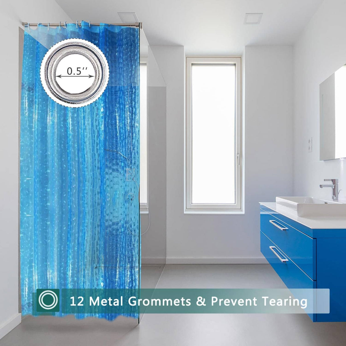 Blue shower curtain liner top with round metal grommets for secure hanging