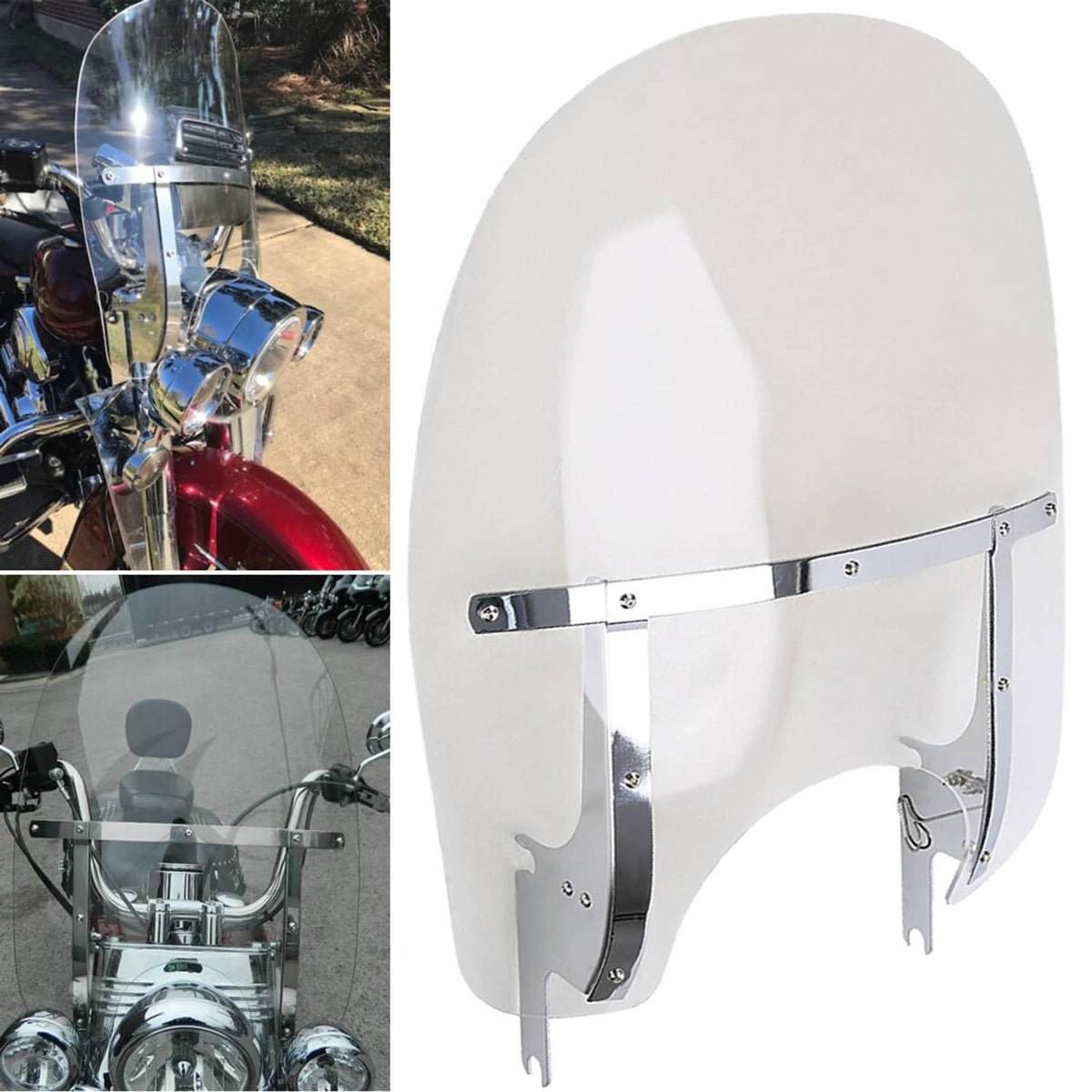 Clear windshield windscreen with chrome frame and side mounting brackets