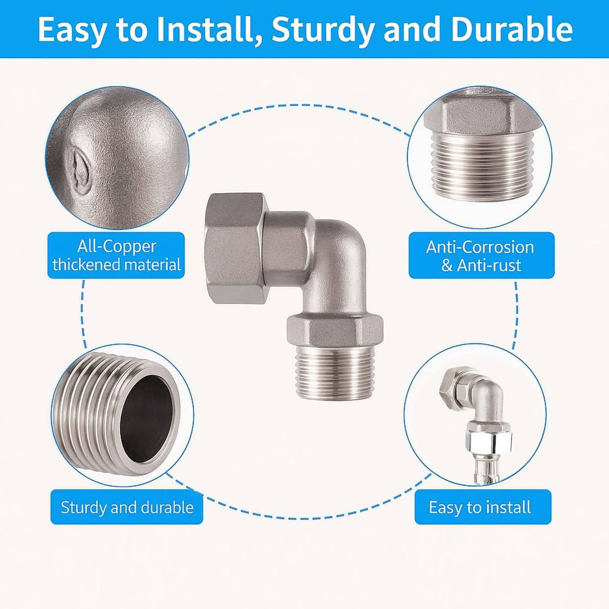 Chrome-finish elbow connector with male threads and hex nut fitting