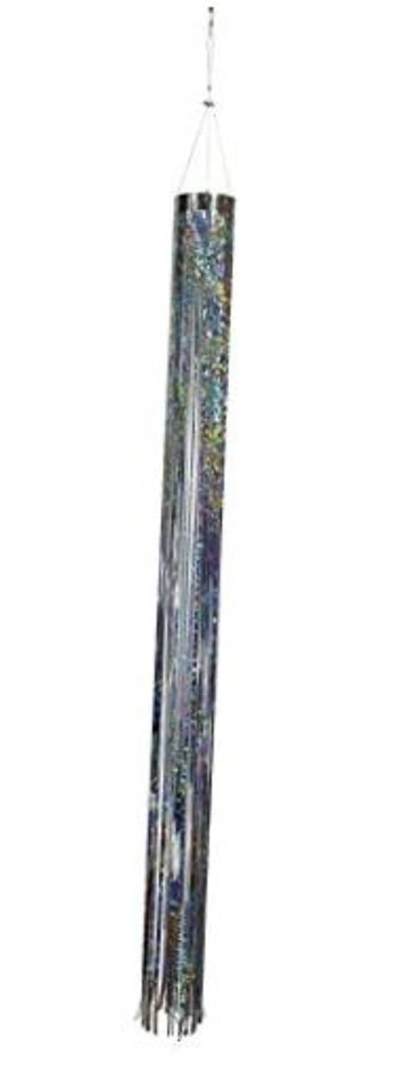 Holographic mylar windsock in silver, hanging with long metallic fringe streamers