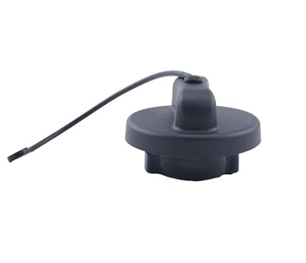 Diesel fuel tank filler cap with tether and raised center knob, dark gray