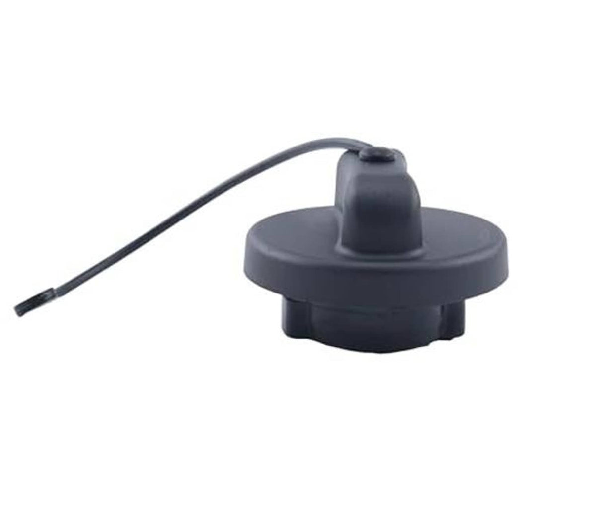 Diesel fuel tank filler cap with tether and raised center knob, dark gray