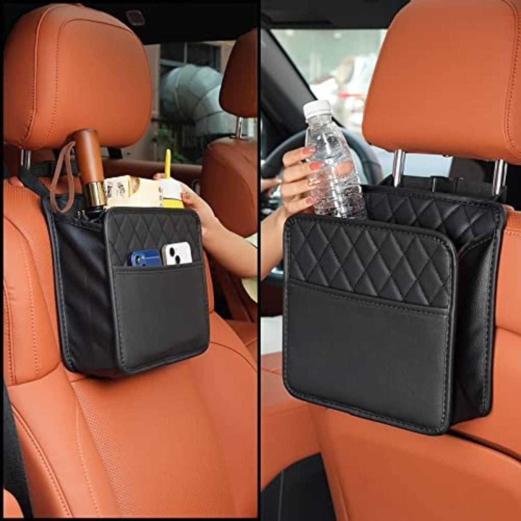 Car seat hanging organizer bag, black quilted top with phone slot and bottle pocket