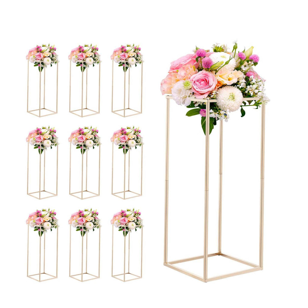 Set of 10 gold flower stands with rectangular frames and floral bouquet centers