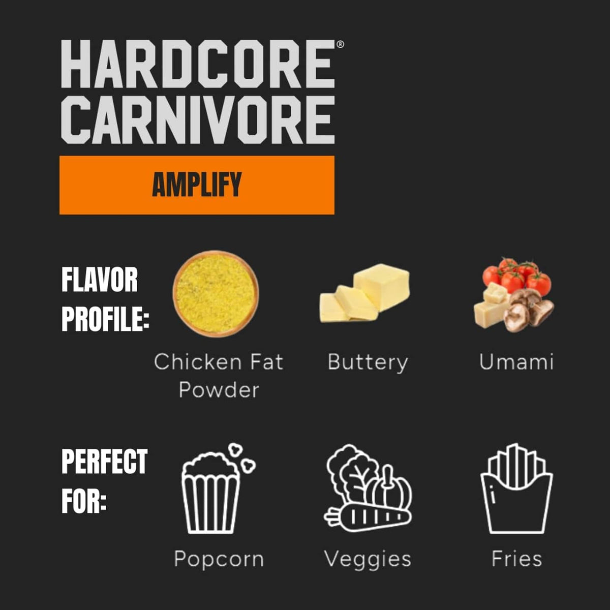 Hardcore Carnivore Amplify flavor profile graphic: chicken fat, buttery, umami