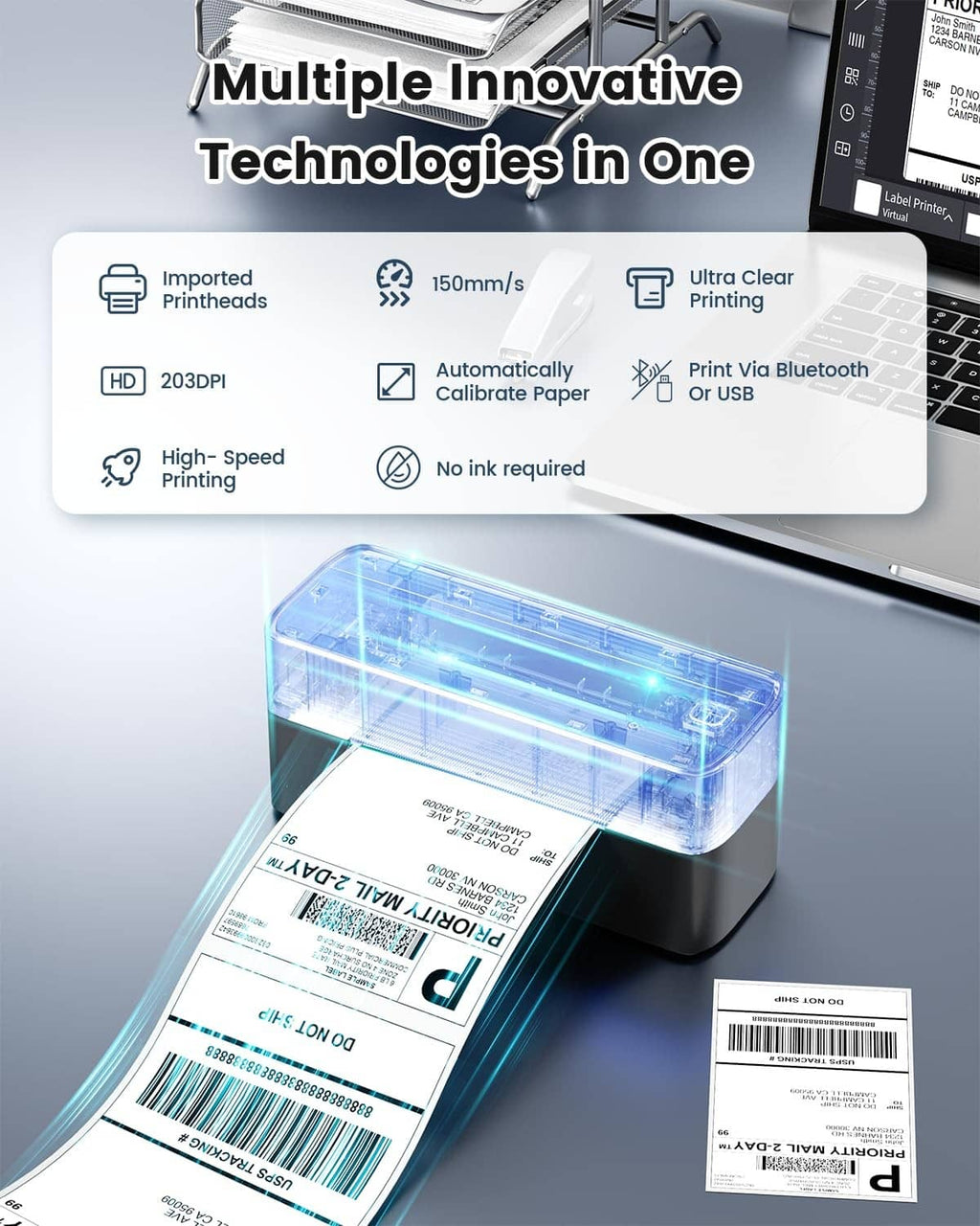 Gray 4x6 label printer dispensing a ribbon of printed shipping labels
