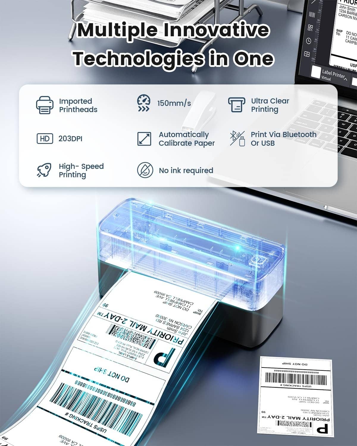 Gray 4x6 label printer dispensing a ribbon of printed shipping labels