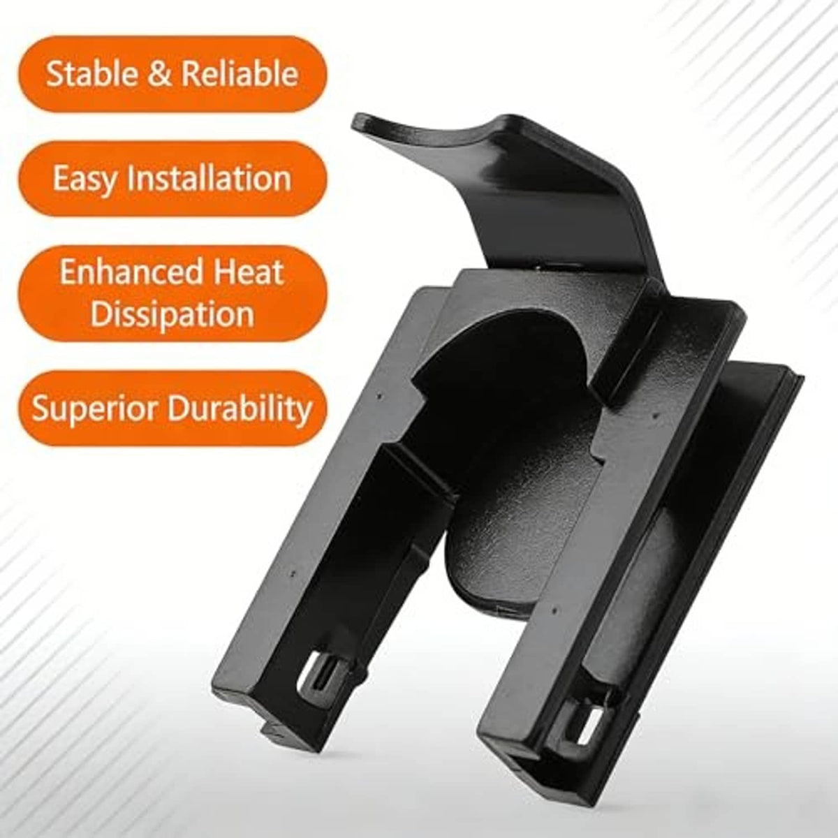 Black radiator upper bracket clip with molded circular mount and side supports