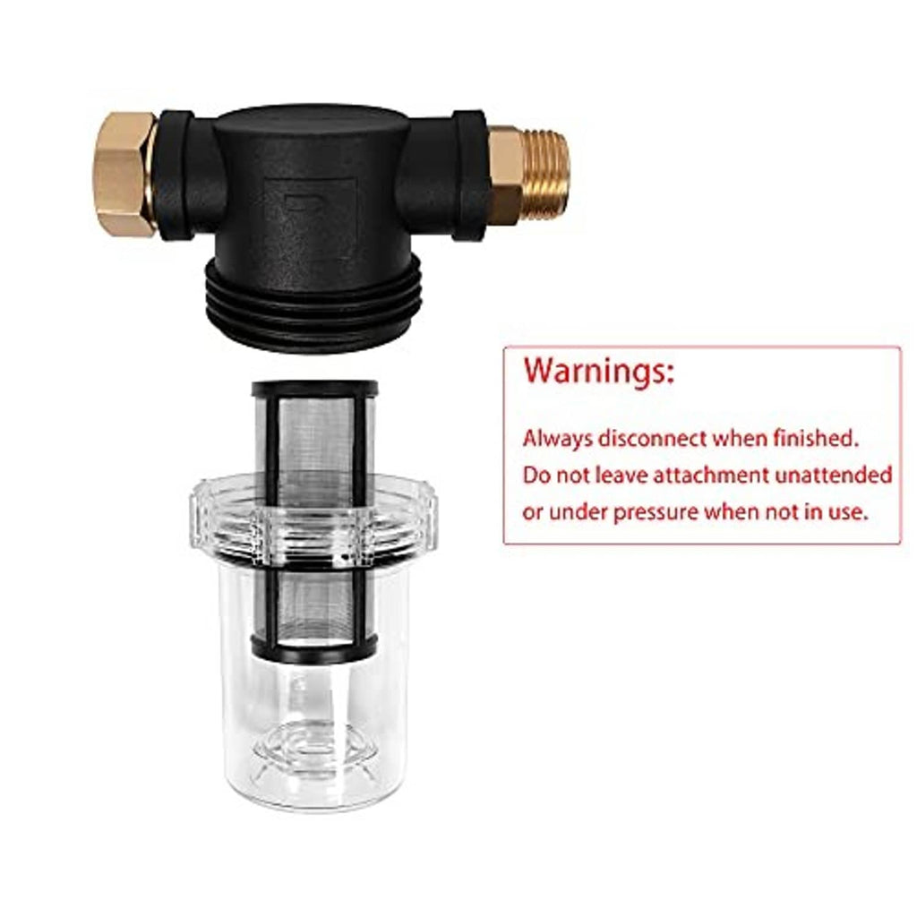 Assembled pressure washer inlet water filter with black connector and clear cartridge housing.